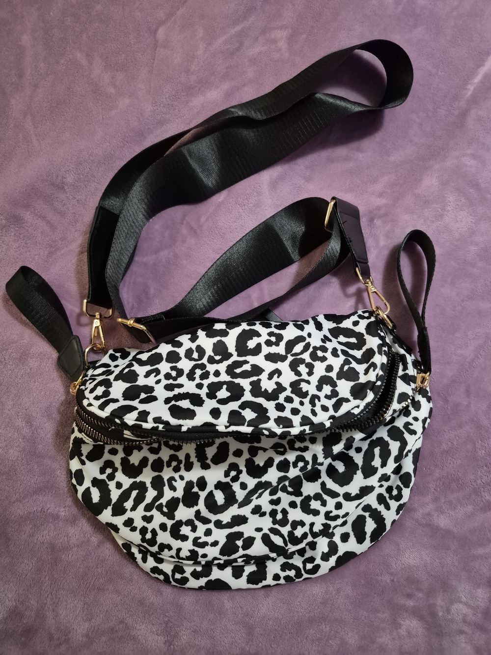 Leopard Print Black & White Crossbody Bag with Wide Strap
